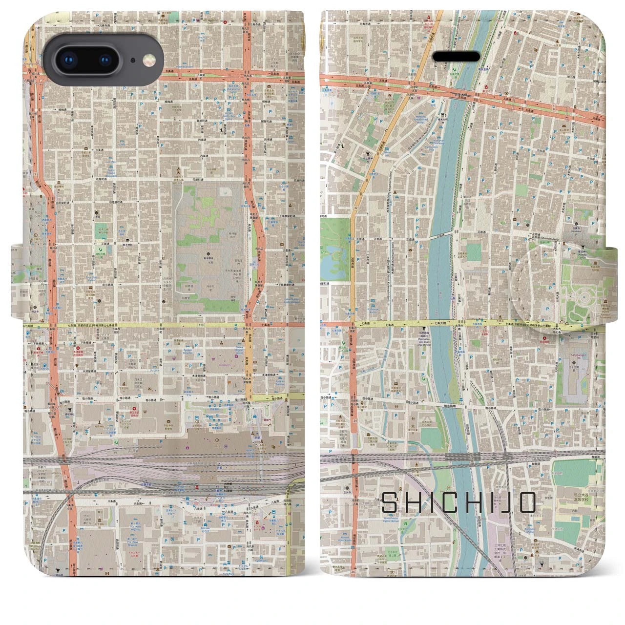 【七条(京都府)】地図柄iPhoneケース(手帳タイプ)ナチュラル・iPhone 8Plus /7Plus / 6sPlus / 6Plus 用