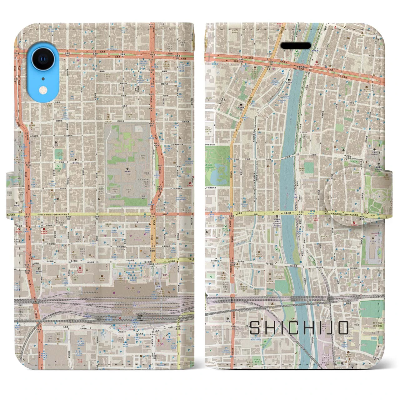 【七条(京都府)】地図柄iPhoneケース(手帳タイプ)ナチュラル・iPhone XR 用