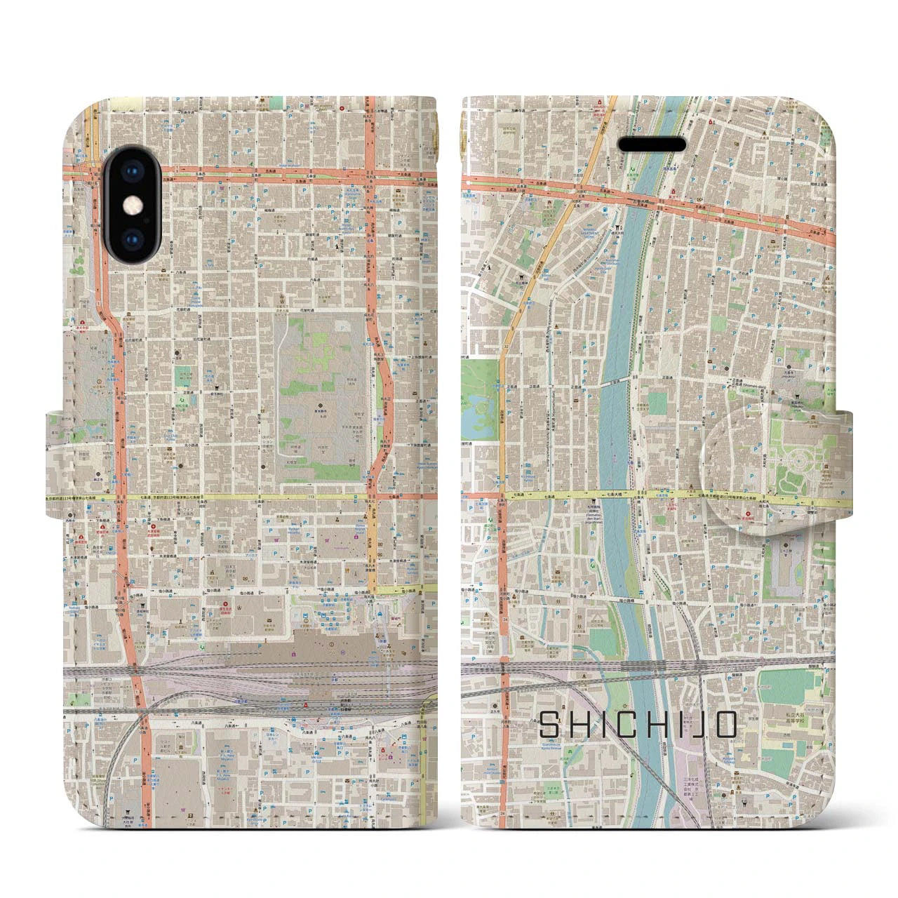 【七条(京都府)】地図柄iPhoneケース(手帳タイプ)ナチュラル・iPhone XS / X 用