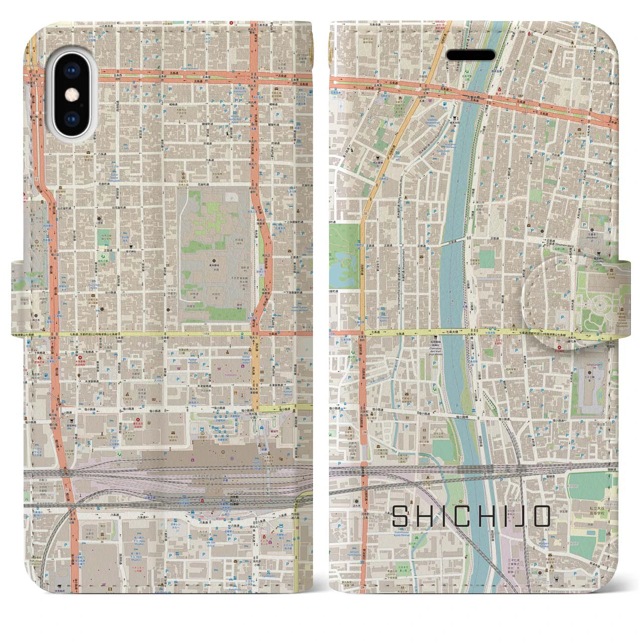 【七条(京都府)】地図柄iPhoneケース(手帳タイプ)ナチュラル・iPhone XS Max 用