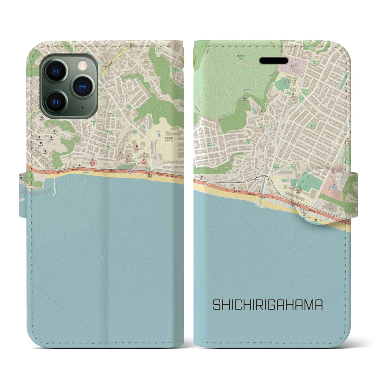 【七里ヶ浜(神奈川県)】地図柄iPhoneケース(手帳タイプ)ナチュラル・iPhone 11 Pro 用