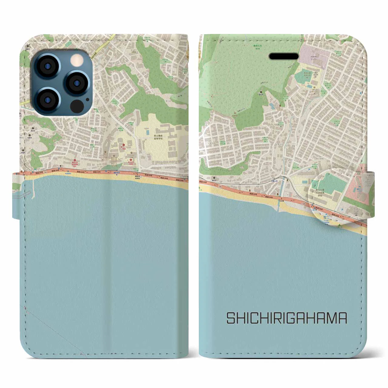 【七里ヶ浜(神奈川県)】地図柄iPhoneケース(手帳タイプ)ナチュラル・iPhone 12 / 12 Pro 用