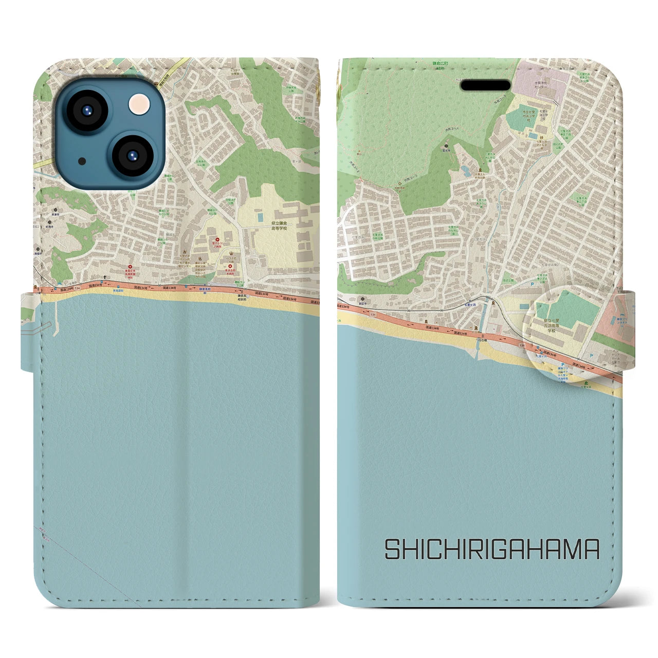 【七里ヶ浜(神奈川県)】地図柄iPhoneケース(手帳タイプ)ナチュラル・iPhone 13 用