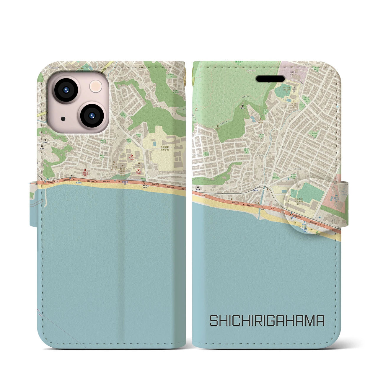 【七里ヶ浜(神奈川県)】地図柄iPhoneケース(手帳タイプ)ナチュラル・iPhone 13 mini 用