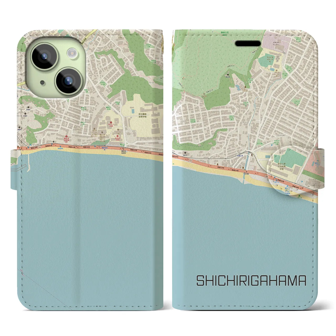 【七里ヶ浜(神奈川県)】地図柄iPhoneケース(手帳タイプ)ナチュラル・iPhone 15 用