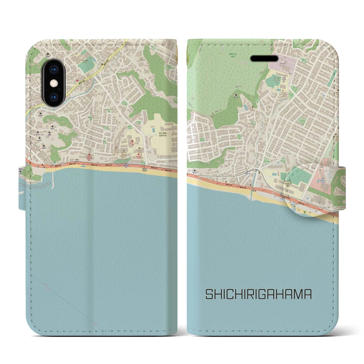 【七里ヶ浜(神奈川県)】地図柄iPhoneケース(手帳タイプ)ナチュラル・iPhone XS / X 用