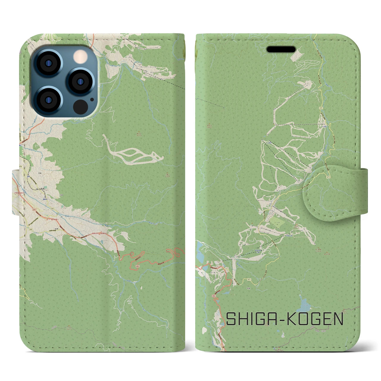 【志賀高原(長野県)】地図柄iPhoneケース(手帳タイプ)ナチュラル・iPhone 12 / 12 Pro 用
