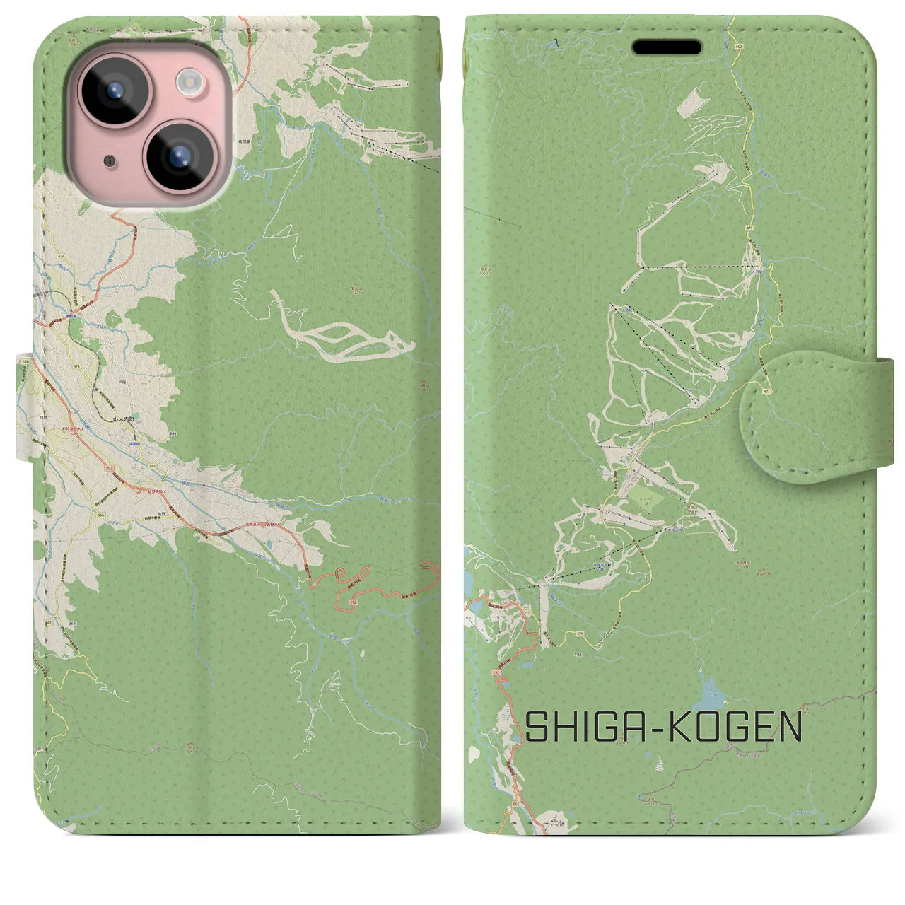 【志賀高原(長野県)】地図柄iPhoneケース(手帳タイプ)ナチュラル・iPhone 15 Plus 用