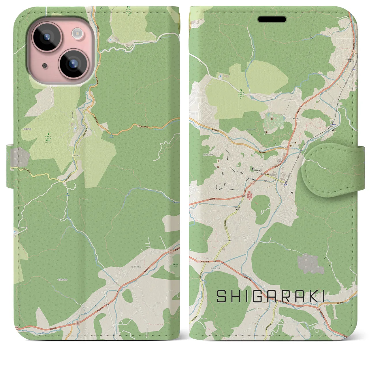 【信楽(滋賀県)】地図柄iPhoneケース(手帳タイプ)ナチュラル・iPhone 15 Plus 用