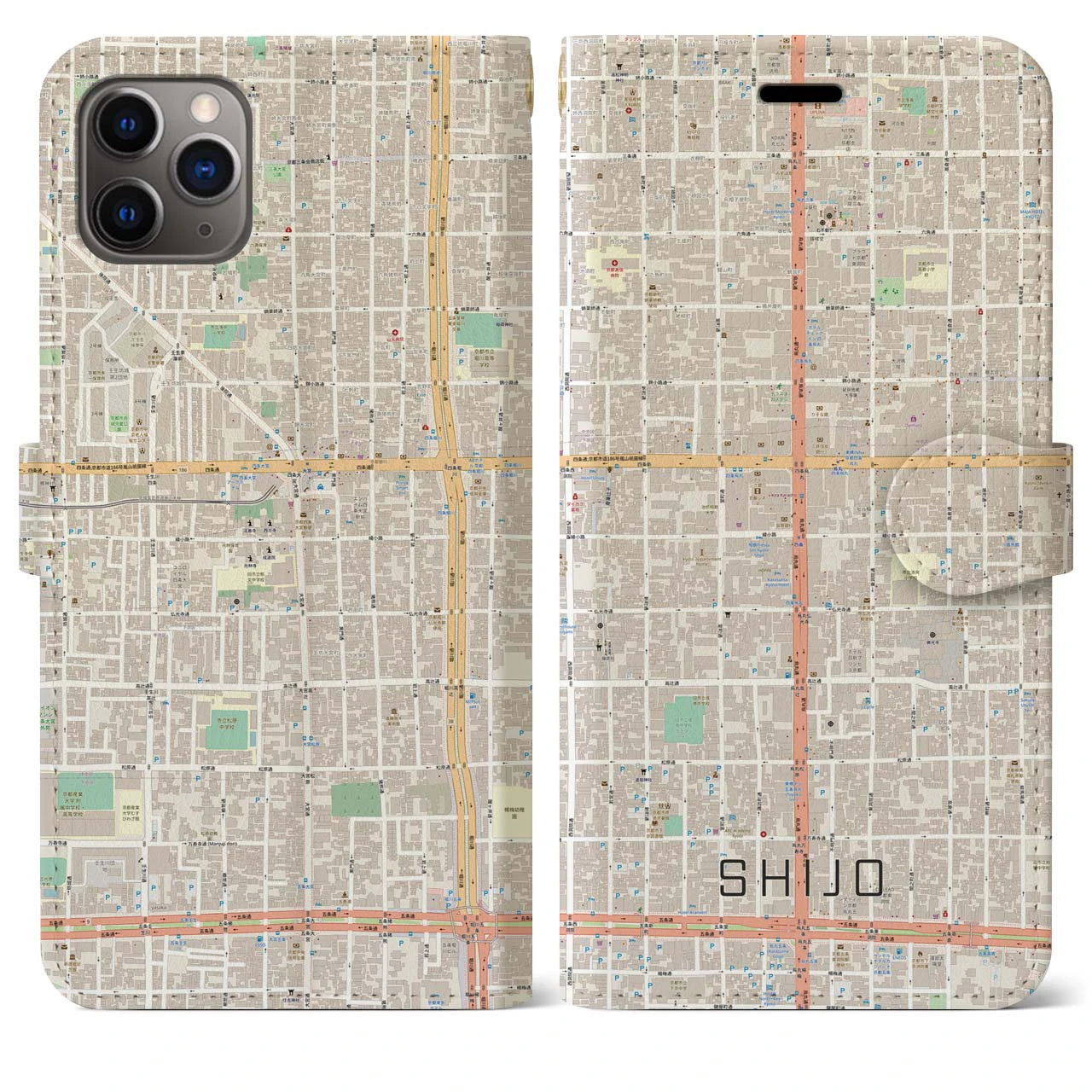【四条(京都府)】地図柄iPhoneケース(手帳タイプ)ナチュラル・iPhone 11 Pro Max 用