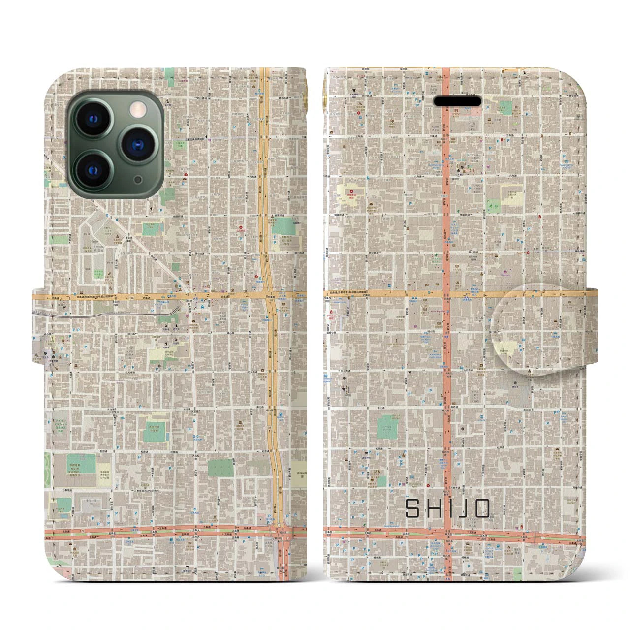 【四条(京都府)】地図柄iPhoneケース(手帳タイプ)ナチュラル・iPhone 11 Pro 用