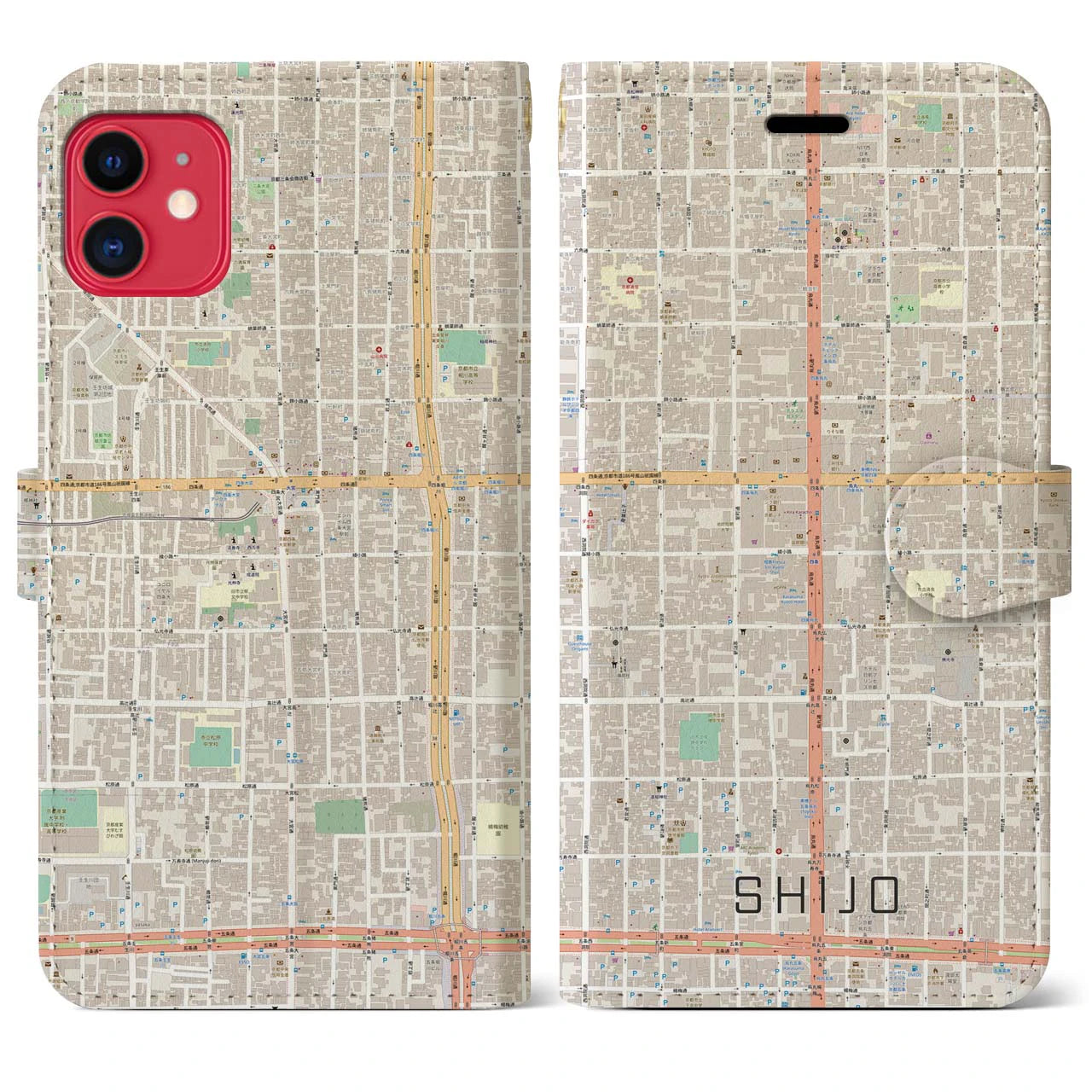 【四条(京都府)】地図柄iPhoneケース(手帳タイプ)ナチュラル・iPhone 11 用