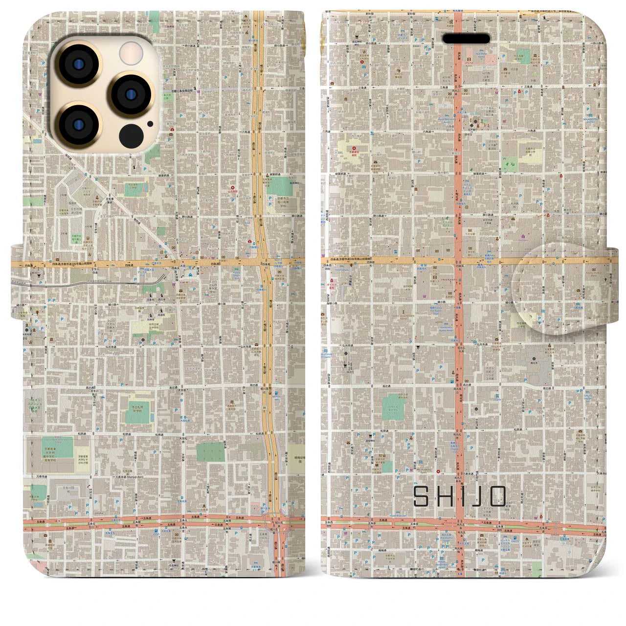 【四条(京都府)】地図柄iPhoneケース(手帳タイプ)ナチュラル・iPhone 12 Pro Max 用