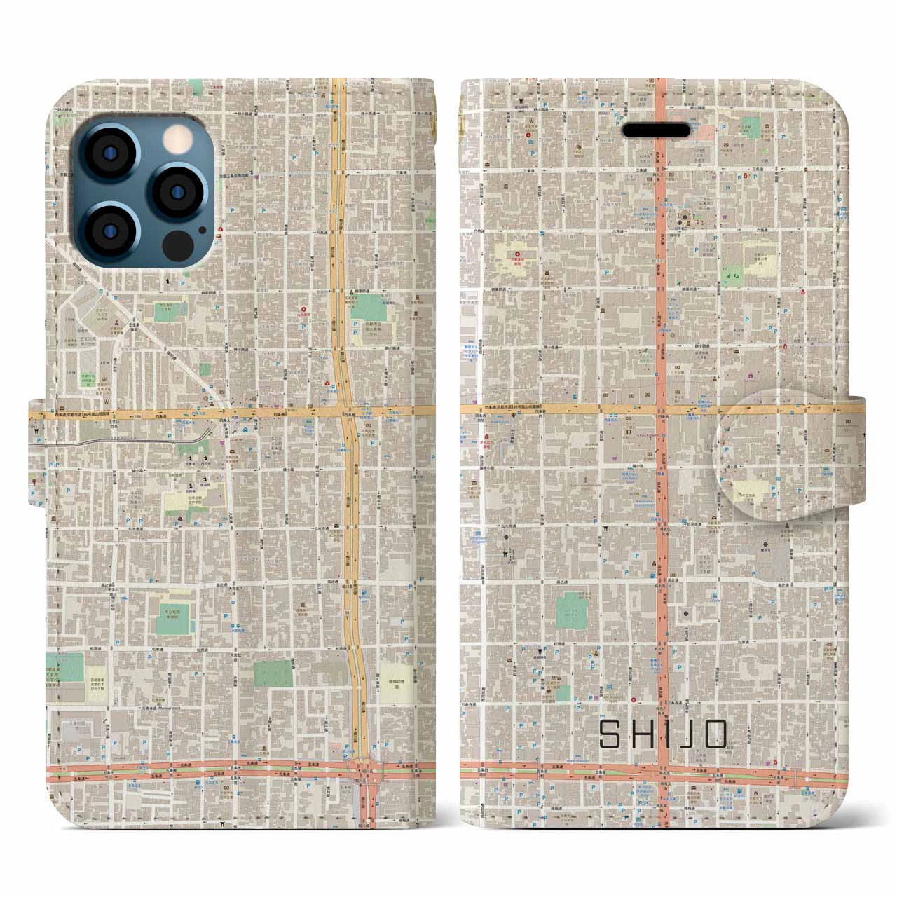 【四条(京都府)】地図柄iPhoneケース(手帳タイプ)ナチュラル・iPhone 12 / 12 Pro 用