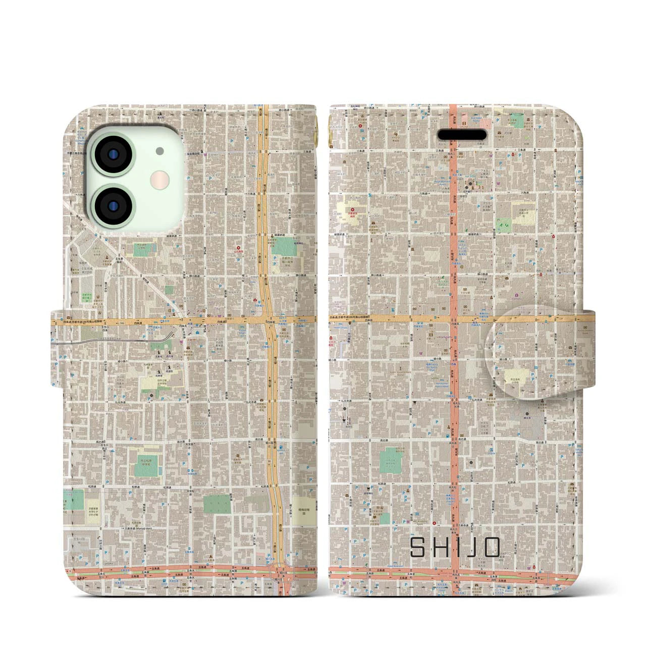 【四条(京都府)】地図柄iPhoneケース(手帳タイプ)ナチュラル・iPhone 12 mini 用