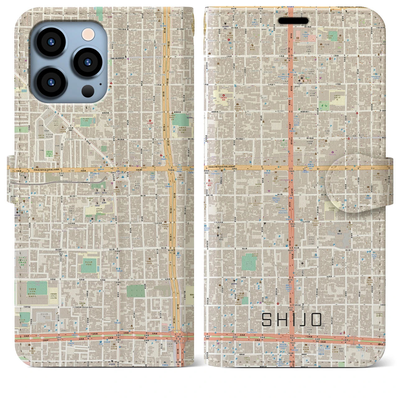 【四条(京都府)】地図柄iPhoneケース(手帳タイプ)ナチュラル・iPhone 13 Pro Max 用