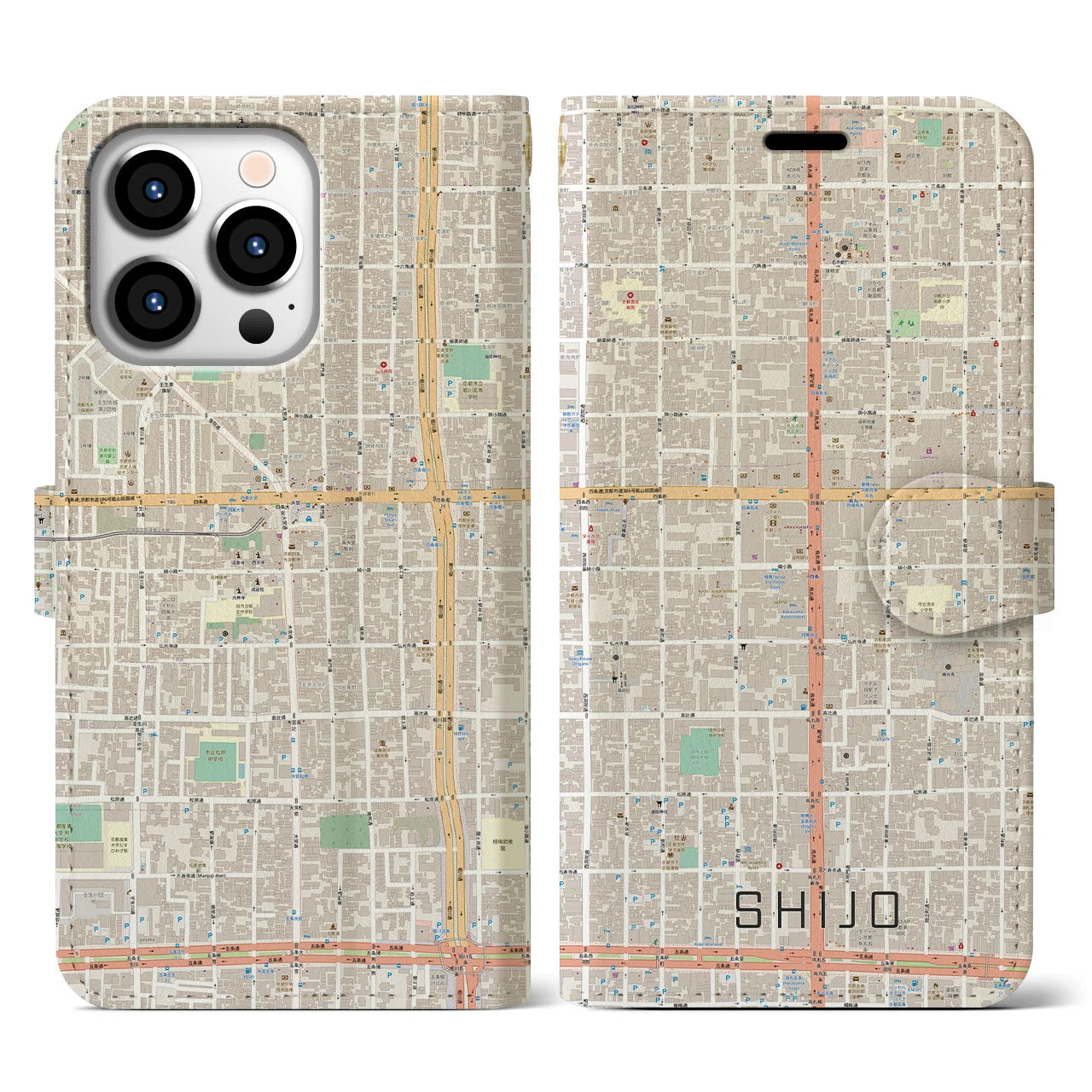 【四条(京都府)】地図柄iPhoneケース(手帳タイプ)ナチュラル・iPhone 13 Pro 用