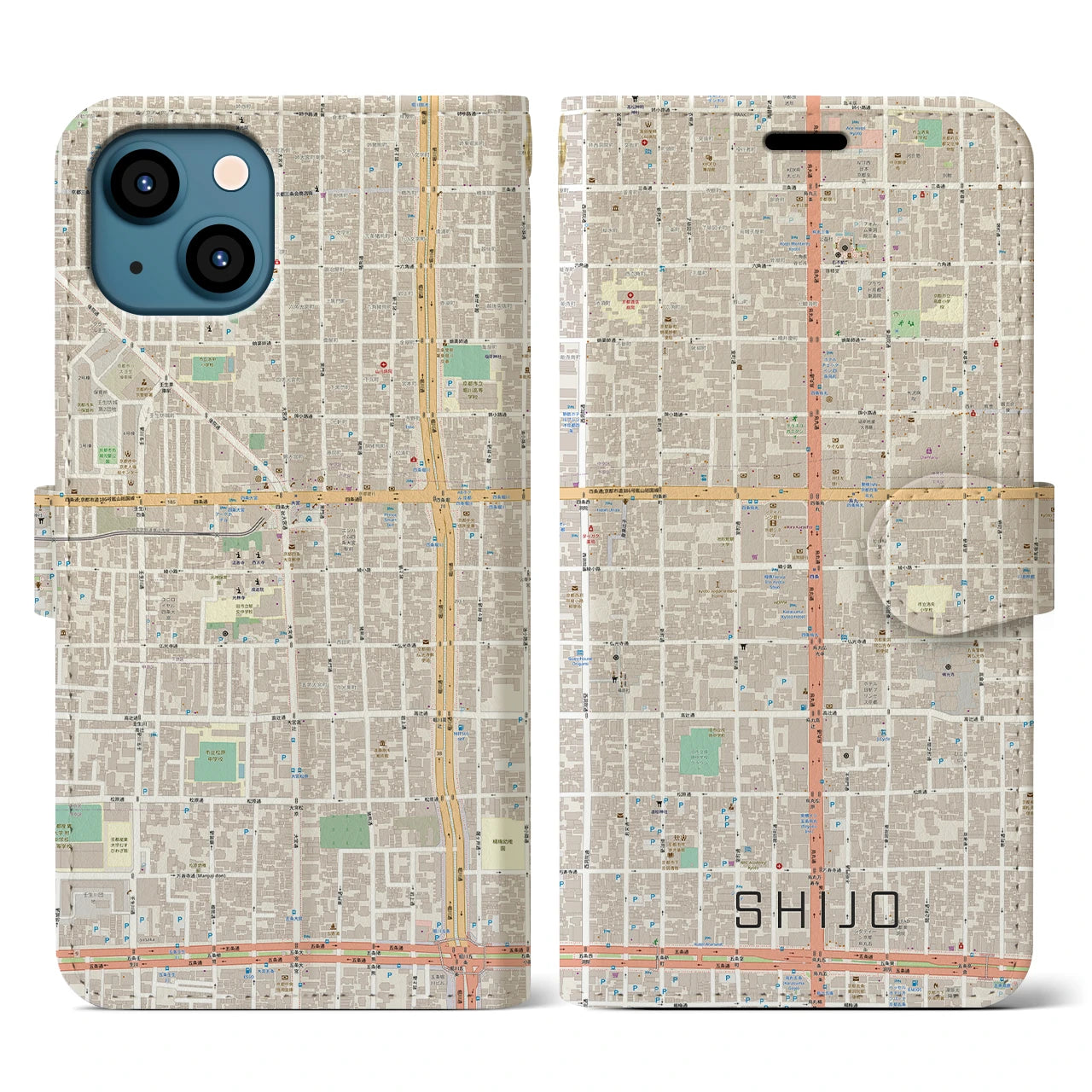 【四条(京都府)】地図柄iPhoneケース(手帳タイプ)ナチュラル・iPhone 13 用