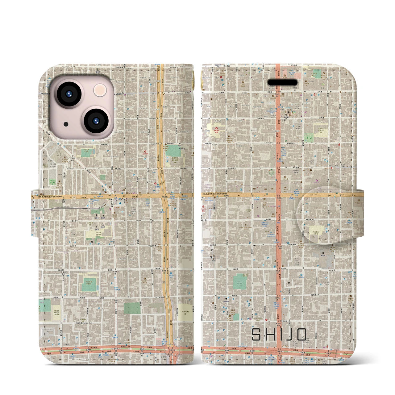 【四条(京都府)】地図柄iPhoneケース(手帳タイプ)ナチュラル・iPhone 13 mini 用