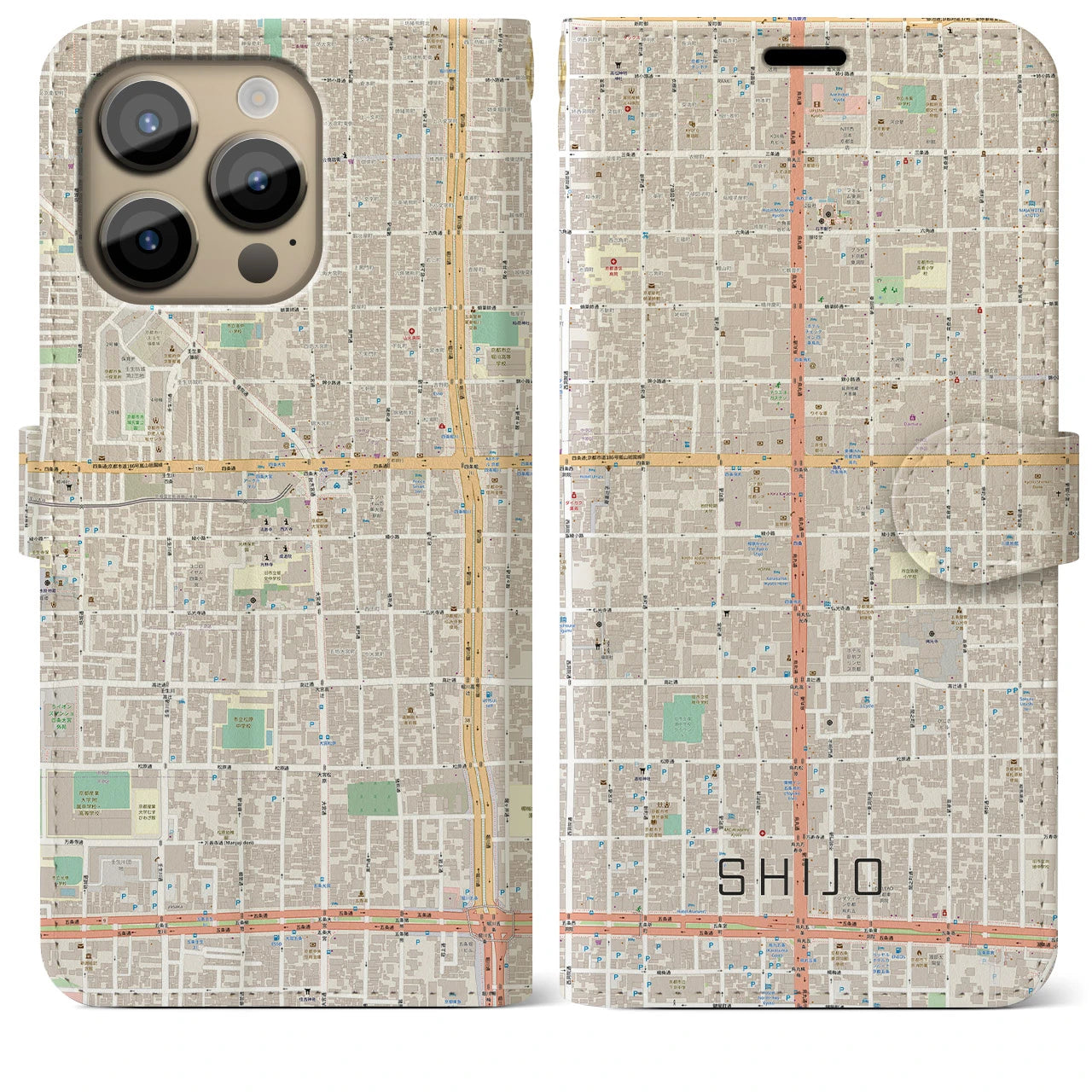 【四条(京都府)】地図柄iPhoneケース(手帳タイプ)ナチュラル・iPhone 14 Pro Max 用