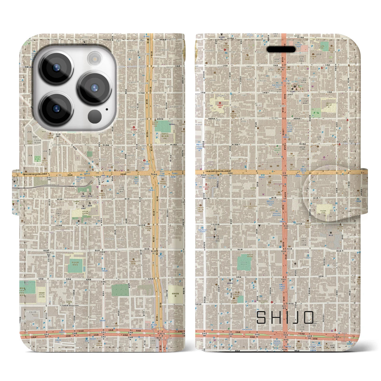 【四条(京都府)】地図柄iPhoneケース(手帳タイプ)ナチュラル・iPhone 14 Pro 用