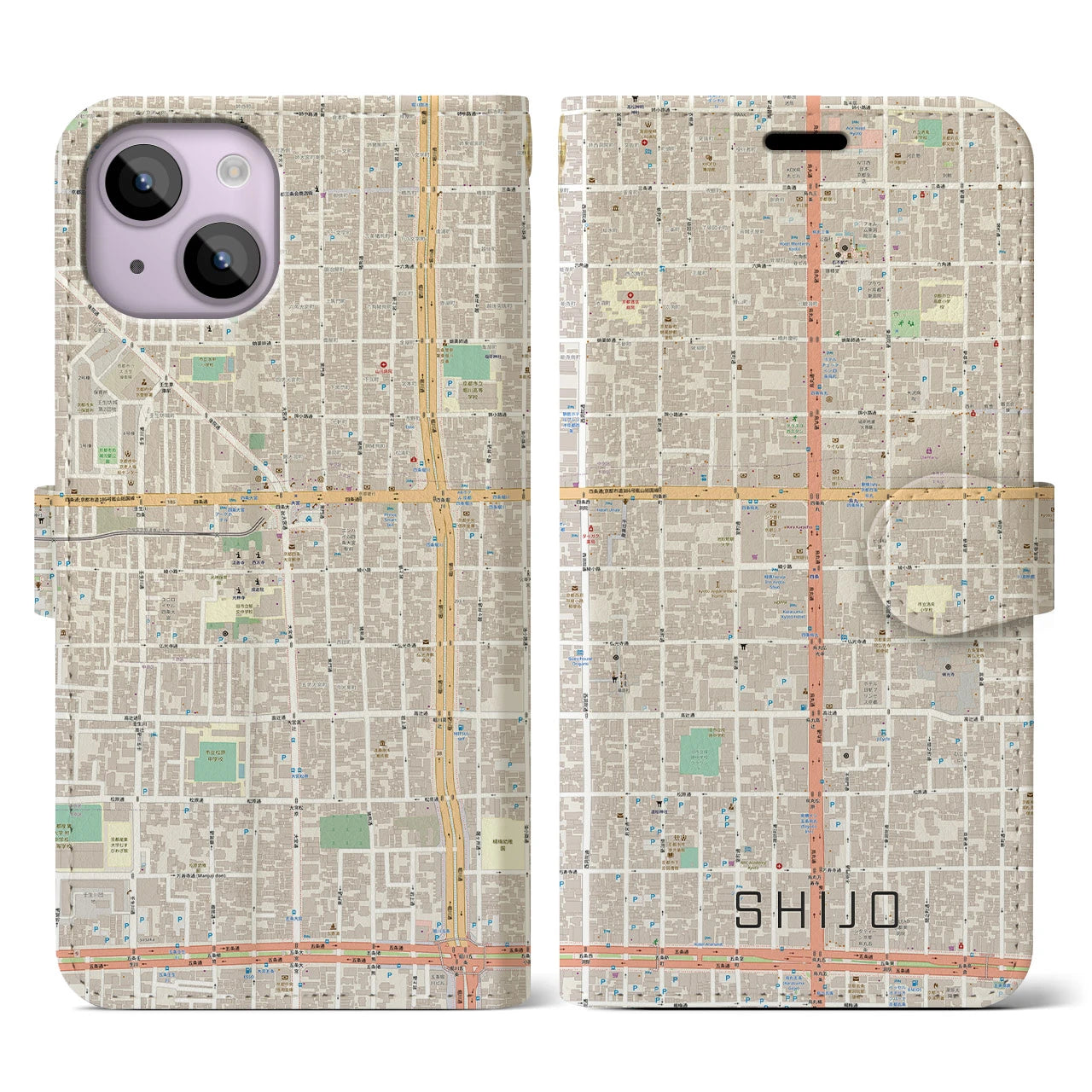 【四条(京都府)】地図柄iPhoneケース(手帳タイプ)ナチュラル・iPhone 14 用