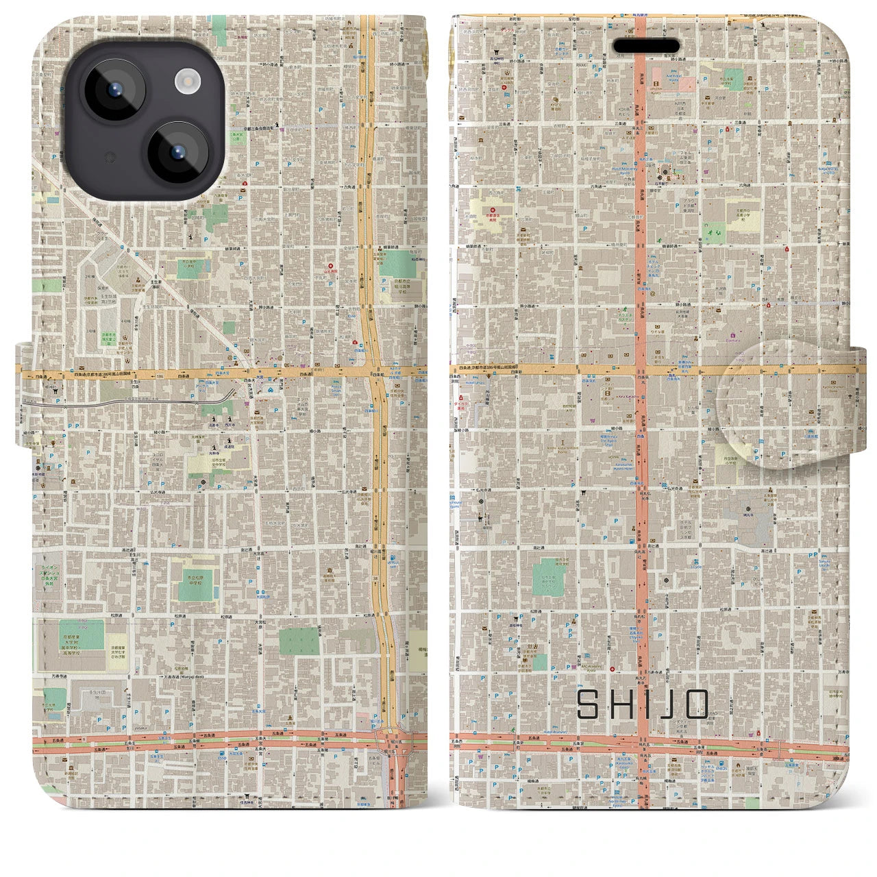 【四条(京都府)】地図柄iPhoneケース(手帳タイプ)ナチュラル・iPhone 14 Plus 用
