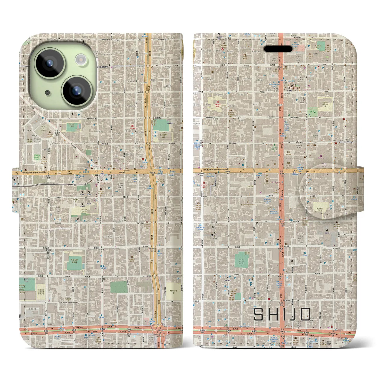 【四条(京都府)】地図柄iPhoneケース(手帳タイプ)ナチュラル・iPhone 15 用