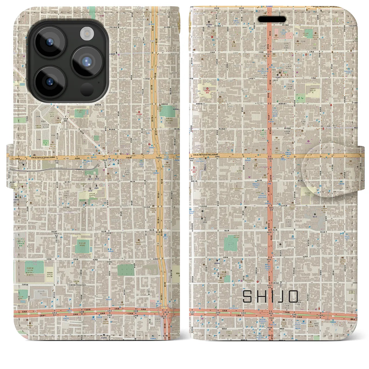 【四条(京都府)】地図柄iPhoneケース(手帳タイプ)ナチュラル・iPhone 15 Pro Max 用