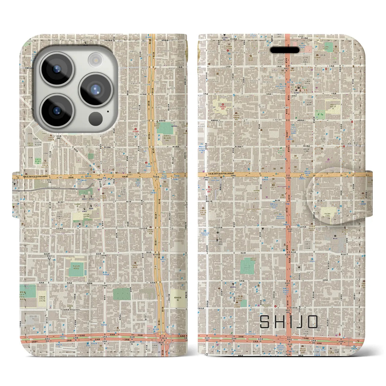 【四条(京都府)】地図柄iPhoneケース(手帳タイプ)ナチュラル・iPhone 15 Pro 用