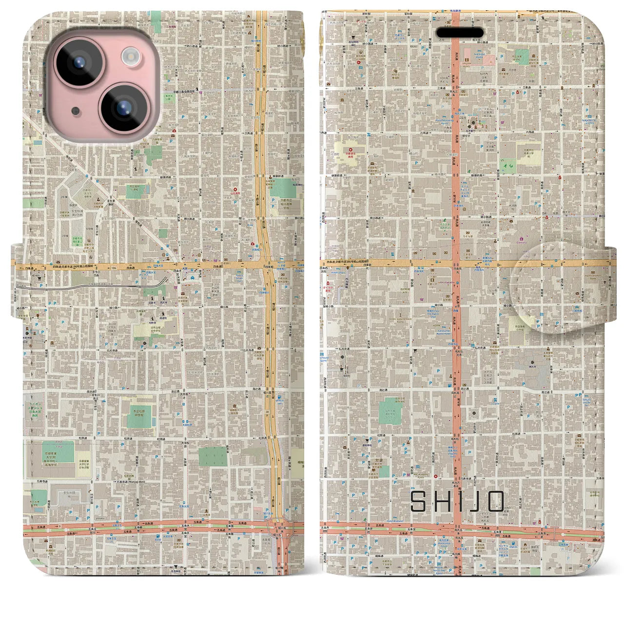 【四条(京都府)】地図柄iPhoneケース(手帳タイプ)ナチュラル・iPhone 15 Plus 用