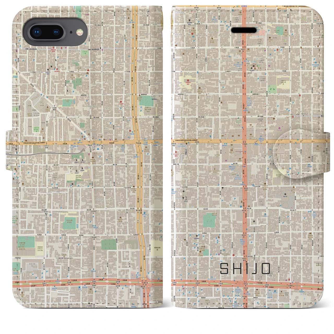 【四条(京都府)】地図柄iPhoneケース(手帳タイプ)ナチュラル・iPhone 8Plus /7Plus / 6sPlus / 6Plus 用