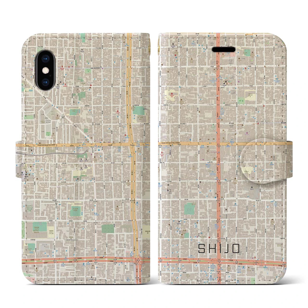 【四条(京都府)】地図柄iPhoneケース(手帳タイプ)ナチュラル・iPhone XS / X 用