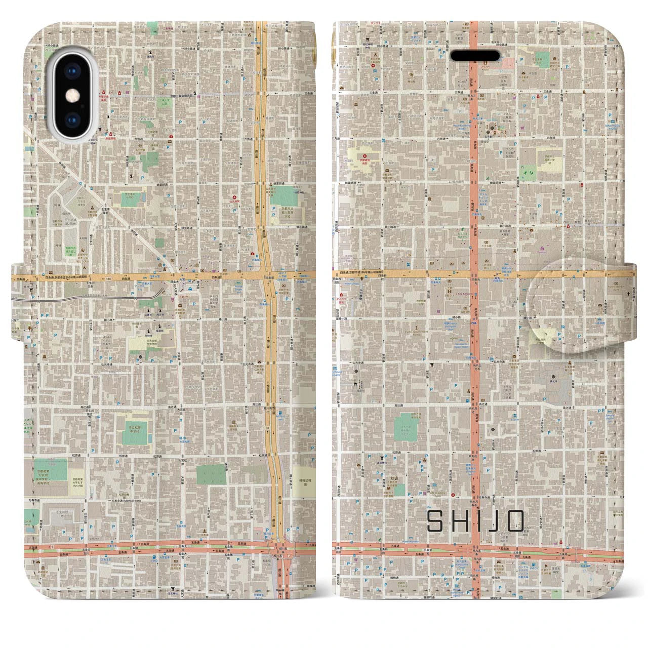 【四条(京都府)】地図柄iPhoneケース(手帳タイプ)ナチュラル・iPhone XS Max 用