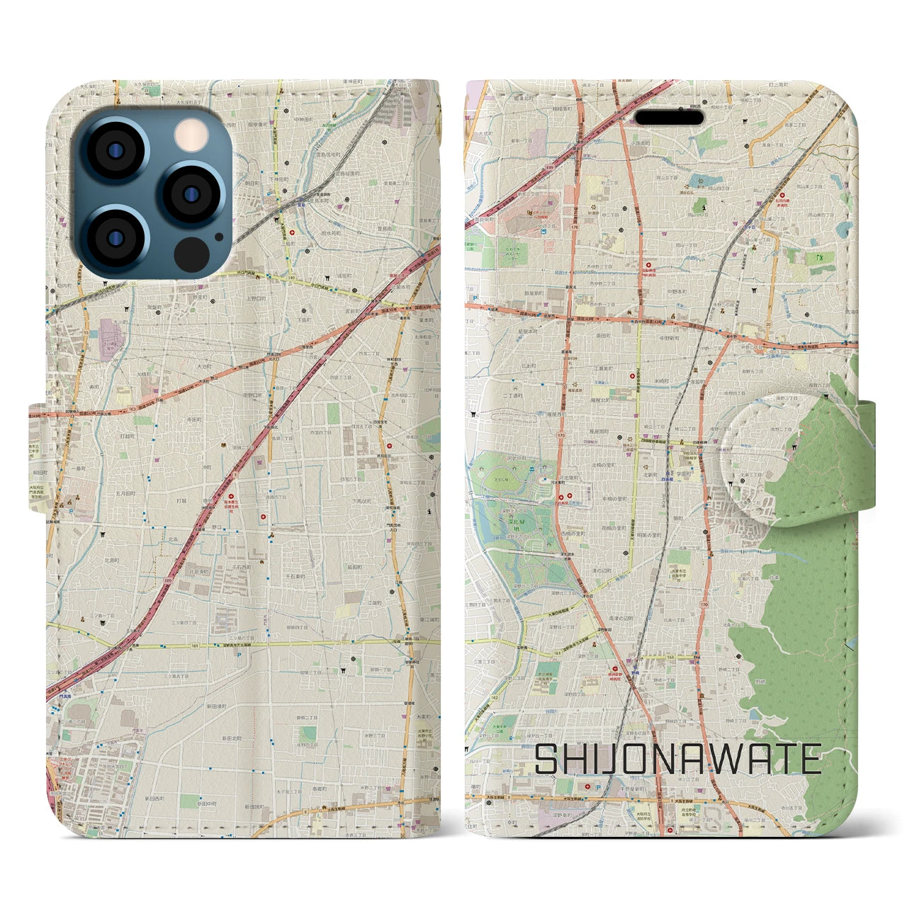 【四条畷(大阪府)】地図柄iPhoneケース(手帳タイプ)ナチュラル・iPhone 12 / 12 Pro 用