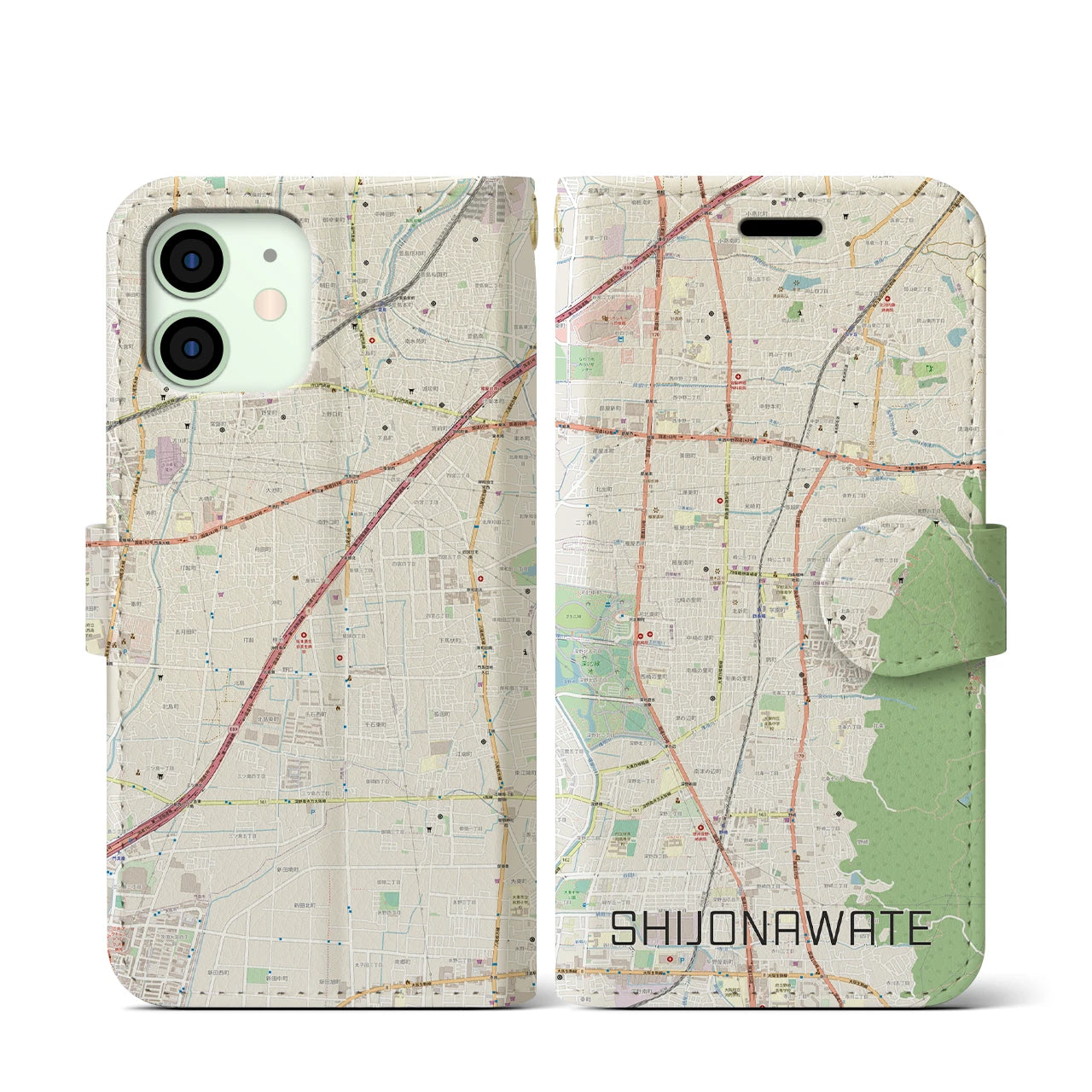 【四条畷(大阪府)】地図柄iPhoneケース(手帳タイプ)ナチュラル・iPhone 12 mini 用