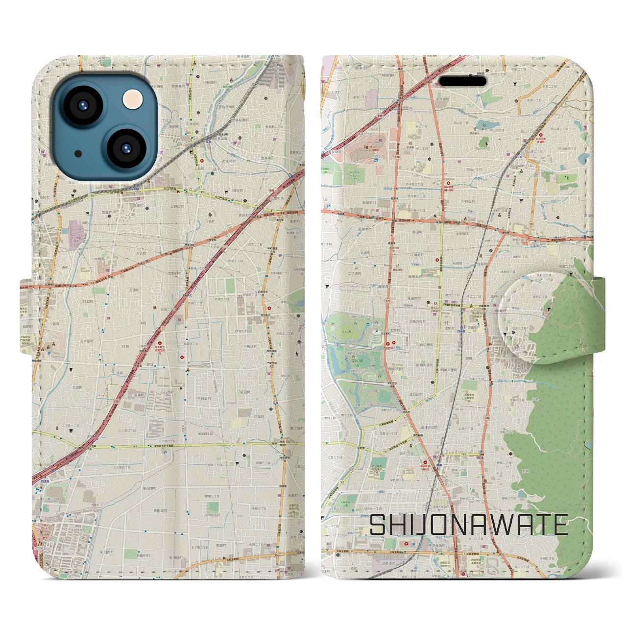 【四条畷(大阪府)】地図柄iPhoneケース(手帳タイプ)ナチュラル・iPhone 13 用