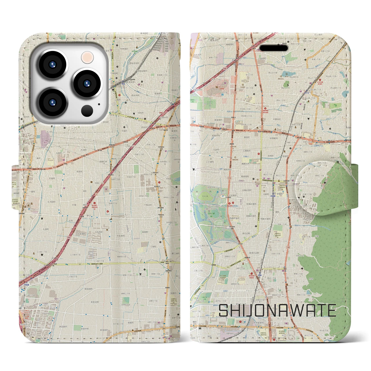 【四条畷(大阪府)】地図柄iPhoneケース(手帳タイプ)ナチュラル・iPhone 13 Pro 用