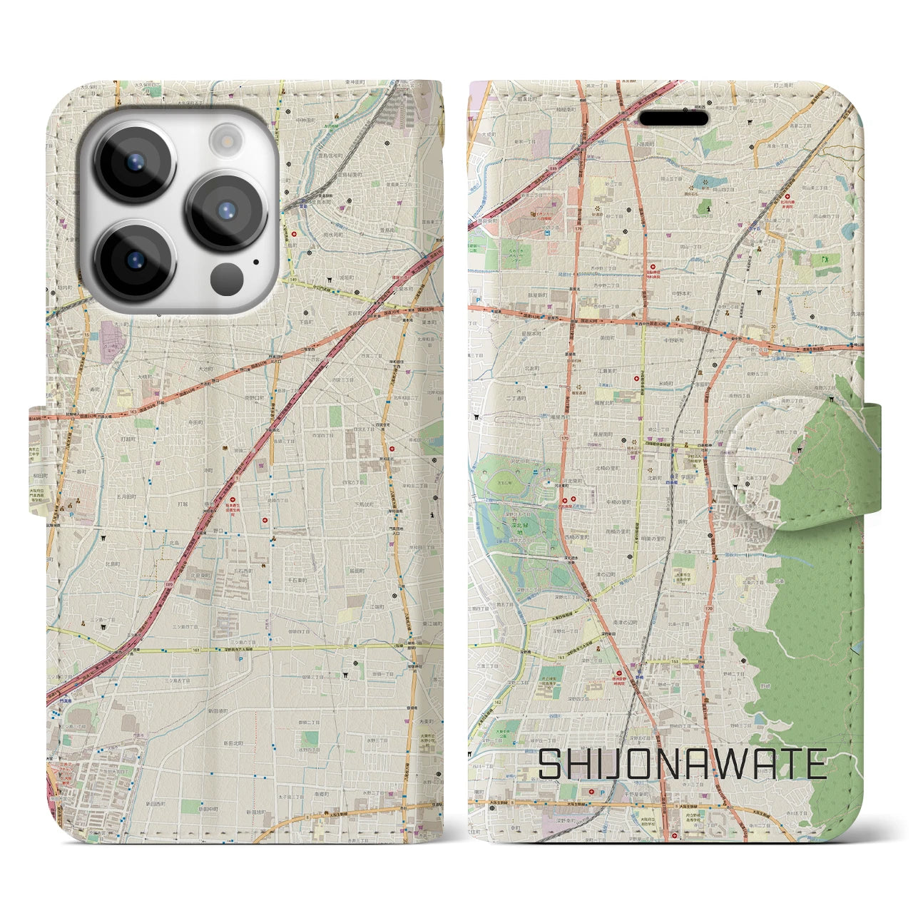 【四条畷(大阪府)】地図柄iPhoneケース(手帳タイプ)ナチュラル・iPhone 14 Pro 用