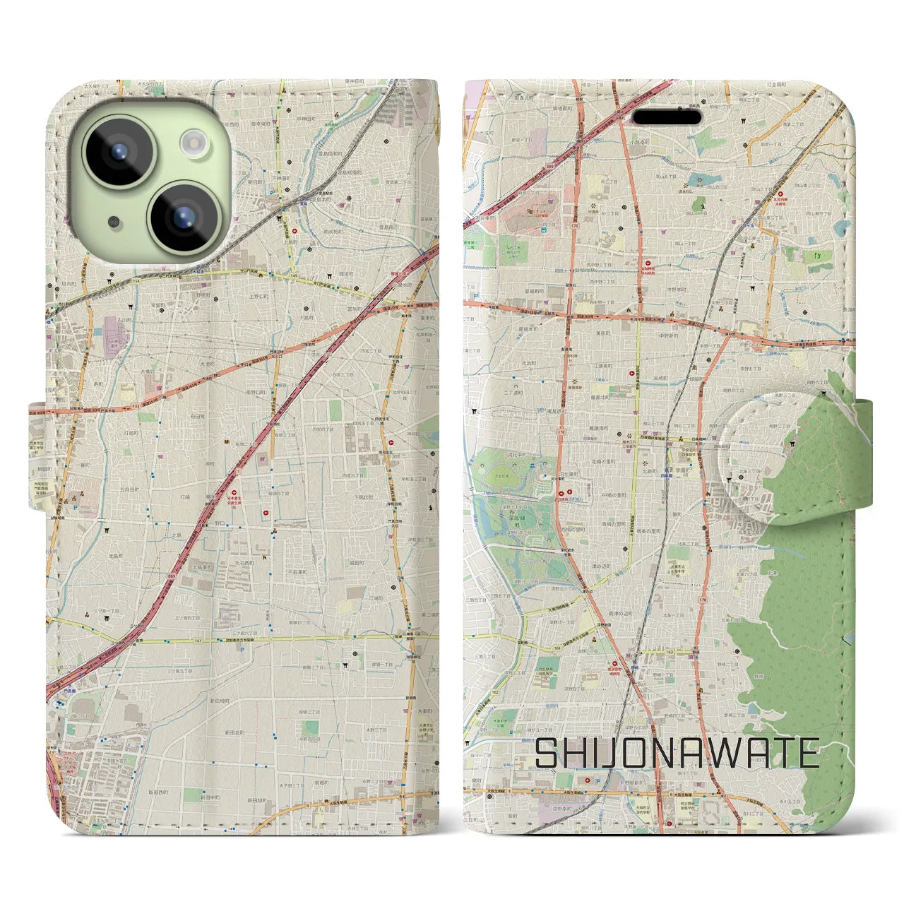 【四条畷(大阪府)】地図柄iPhoneケース(手帳タイプ)ナチュラル・iPhone 15 用