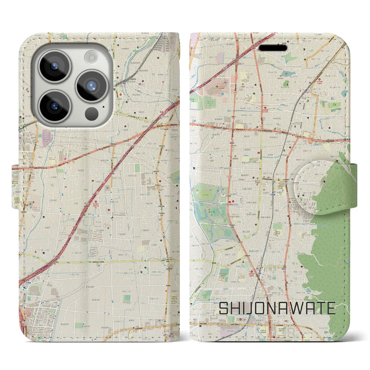 【四条畷(大阪府)】地図柄iPhoneケース(手帳タイプ)ナチュラル・iPhone 15 Pro 用