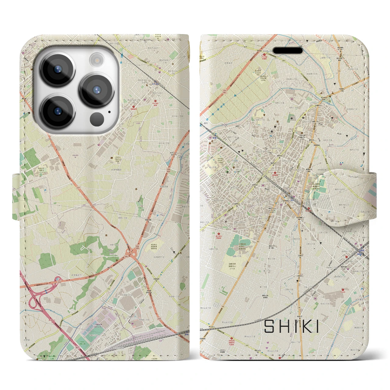 【志木(埼玉県)】地図柄iPhoneケース(手帳タイプ)ナチュラル・iPhone 14 Pro 用