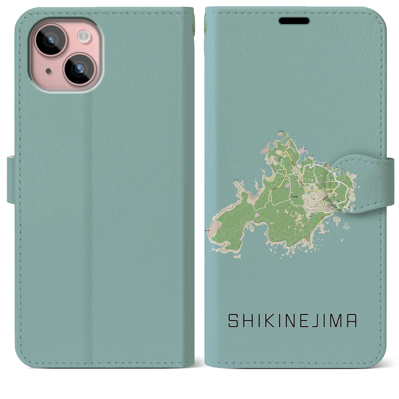 【式根島(東京都)】地図柄iPhoneケース(手帳タイプ)ナチュラル・iPhone 15 Plus 用