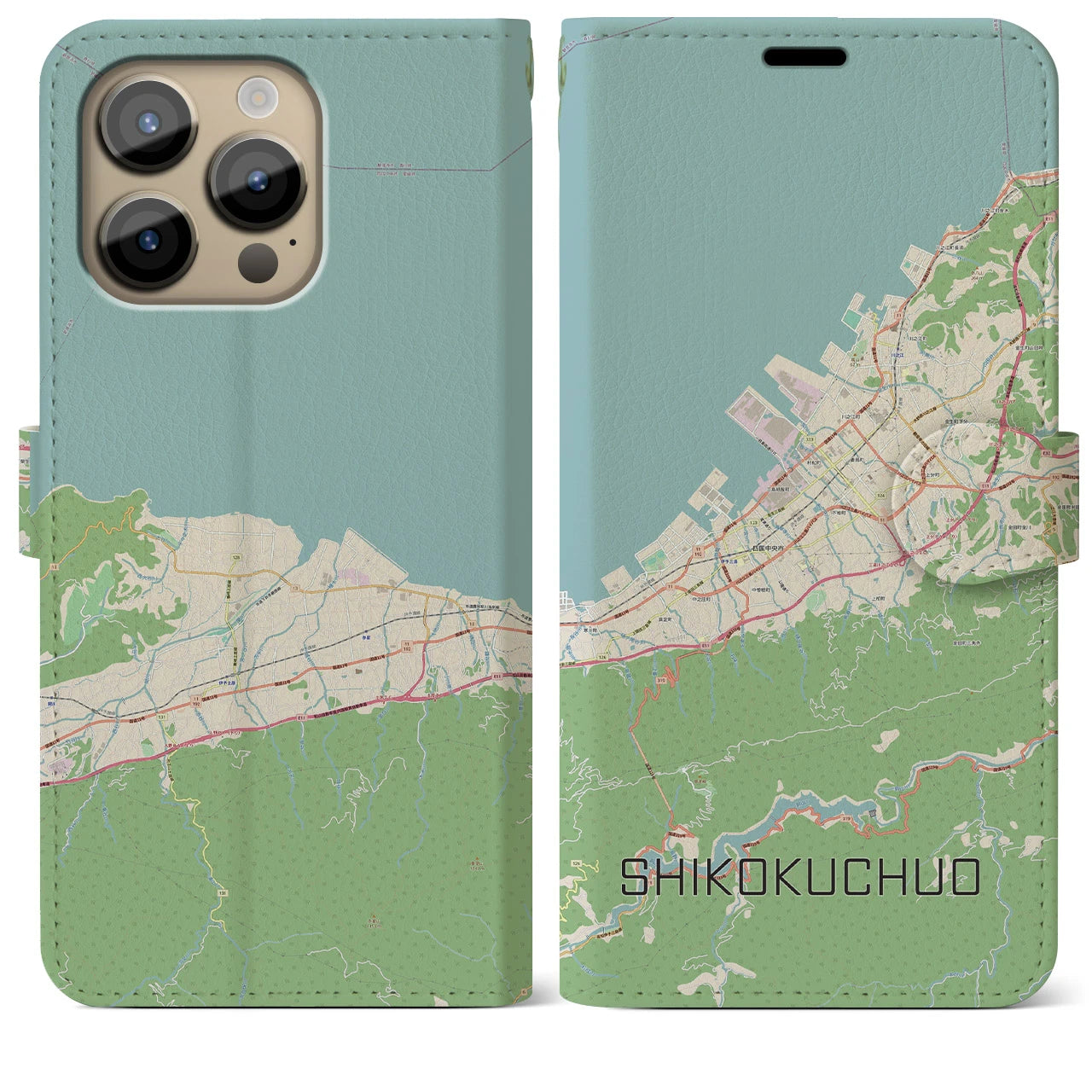 【四国中央(愛媛県)】地図柄iPhoneケース(手帳タイプ)ナチュラル・iPhone 14 Pro Max 用