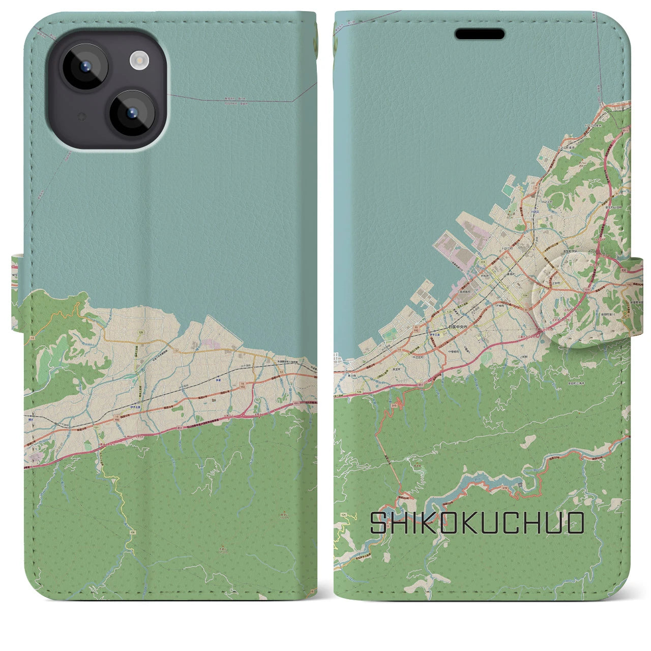 【四国中央(愛媛県)】地図柄iPhoneケース(手帳タイプ)ナチュラル・iPhone 14 Plus 用