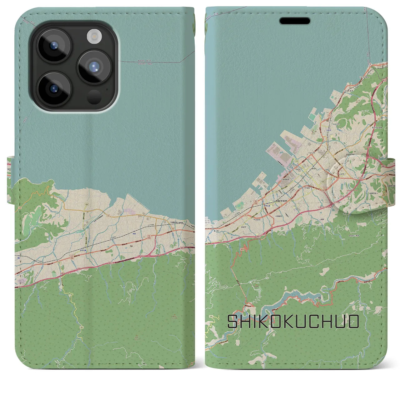 【四国中央(愛媛県)】地図柄iPhoneケース(手帳タイプ)ナチュラル・iPhone 15 Pro Max 用