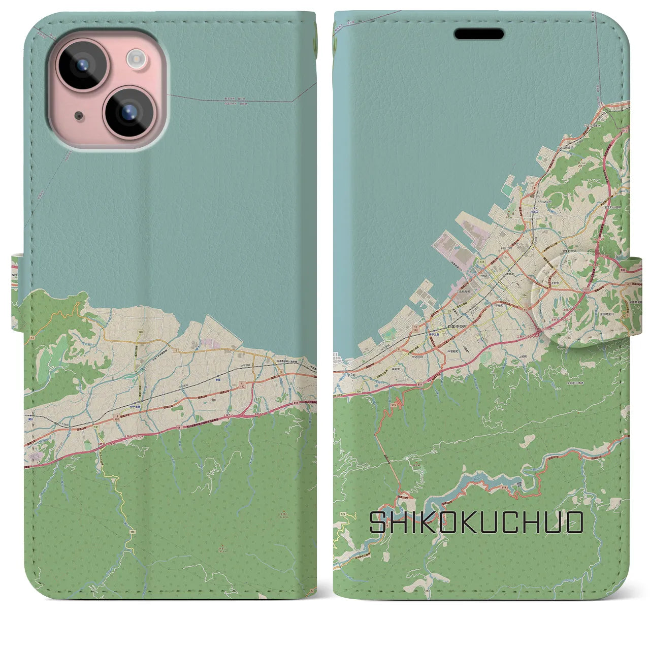 【四国中央(愛媛県)】地図柄iPhoneケース(手帳タイプ)ナチュラル・iPhone 15 Plus 用