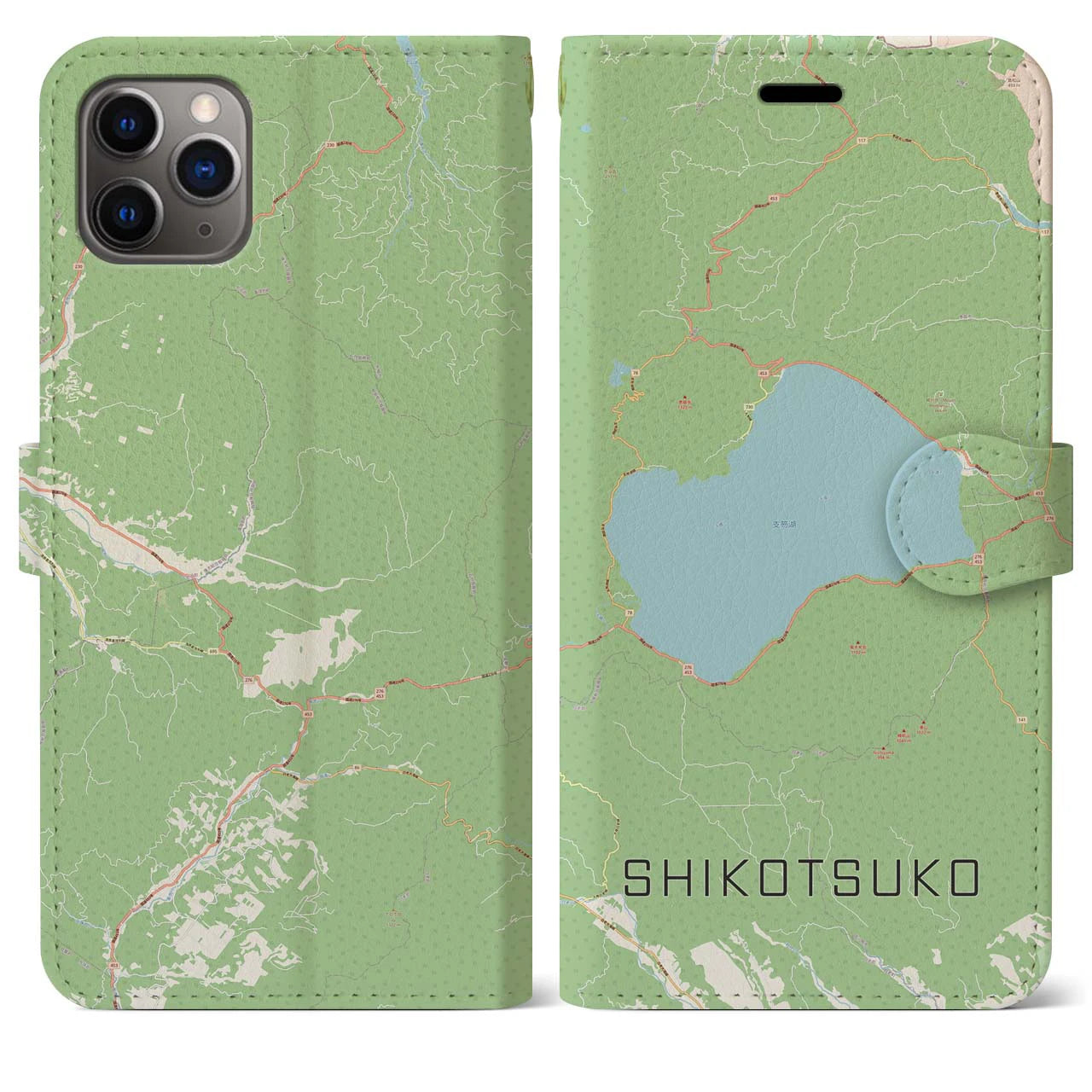 【支笏湖(北海道)】地図柄iPhoneケース(手帳タイプ)ナチュラル・iPhone 11 Pro Max 用