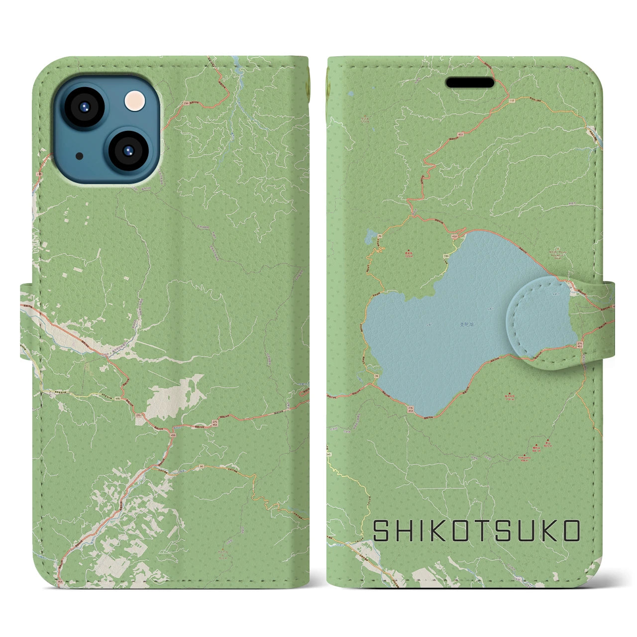 【支笏湖(北海道)】地図柄iPhoneケース(手帳タイプ)ナチュラル・iPhone 13 用