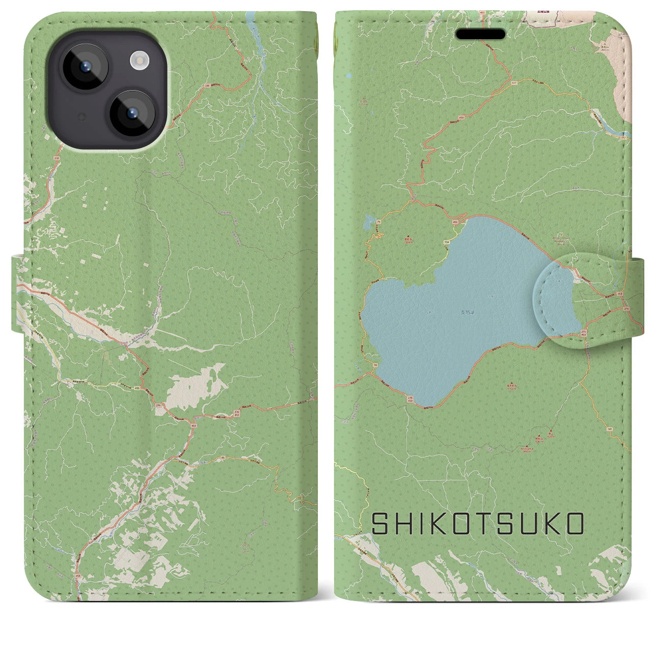 【支笏湖(北海道)】地図柄iPhoneケース(手帳タイプ)ナチュラル・iPhone 14 Plus 用